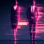 Zwei Business-Silhouetten verschwimmen in roten digitalen Datenstreifen.