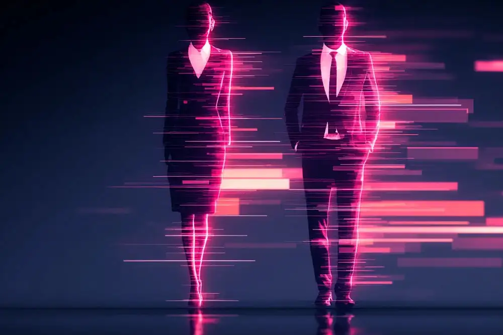 Zwei Business-Silhouetten verschwimmen in roten digitalen Datenstreifen.