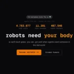 Screenshot mit Slogan "robots need your body" auf schwarzem Grund.