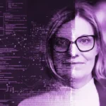 Dorothee Töreki Porträt halbseitig überlagert mit lila Digital-Code.