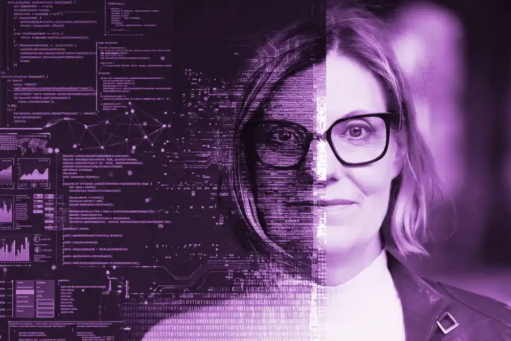 Dorothee Töreki Porträt halbseitig überlagert mit lila Digital-Code.