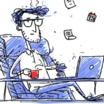 Zeichnung eines Mannes im Sessel vor dem Laptop mit Kaffeetasse in der Hand.