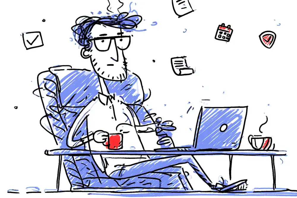 Zeichnung eines Mannes im Sessel vor dem Laptop mit Kaffeetasse in der Hand.