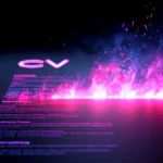 Dokument mit der Aufschrift CV verbrennt in rosa-violetten Flammen.