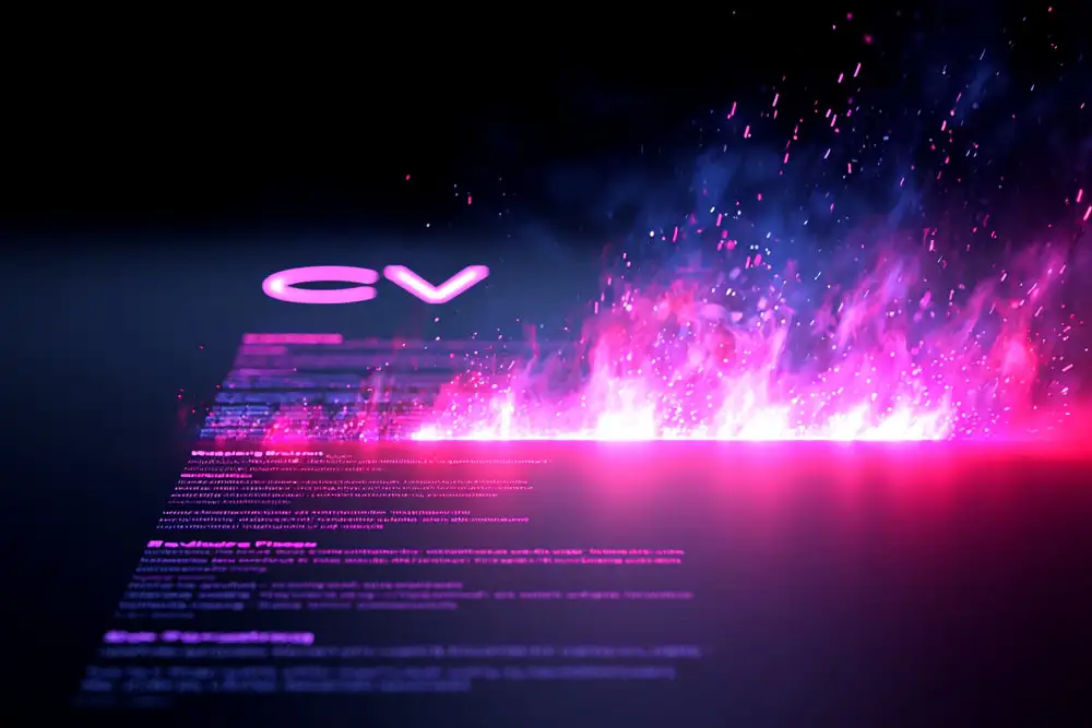Dokument mit der Aufschrift CV verbrennt in rosa-violetten Flammen.